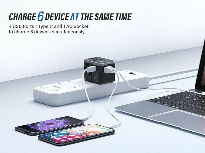 EPICKA Universal Travel Adapter – All-in-One International Charger with USB-C & 4 USB-A Ports | Business-Ready Power Adapter for Europe, UK, Japan, Italy & More (TA-105, Grey)