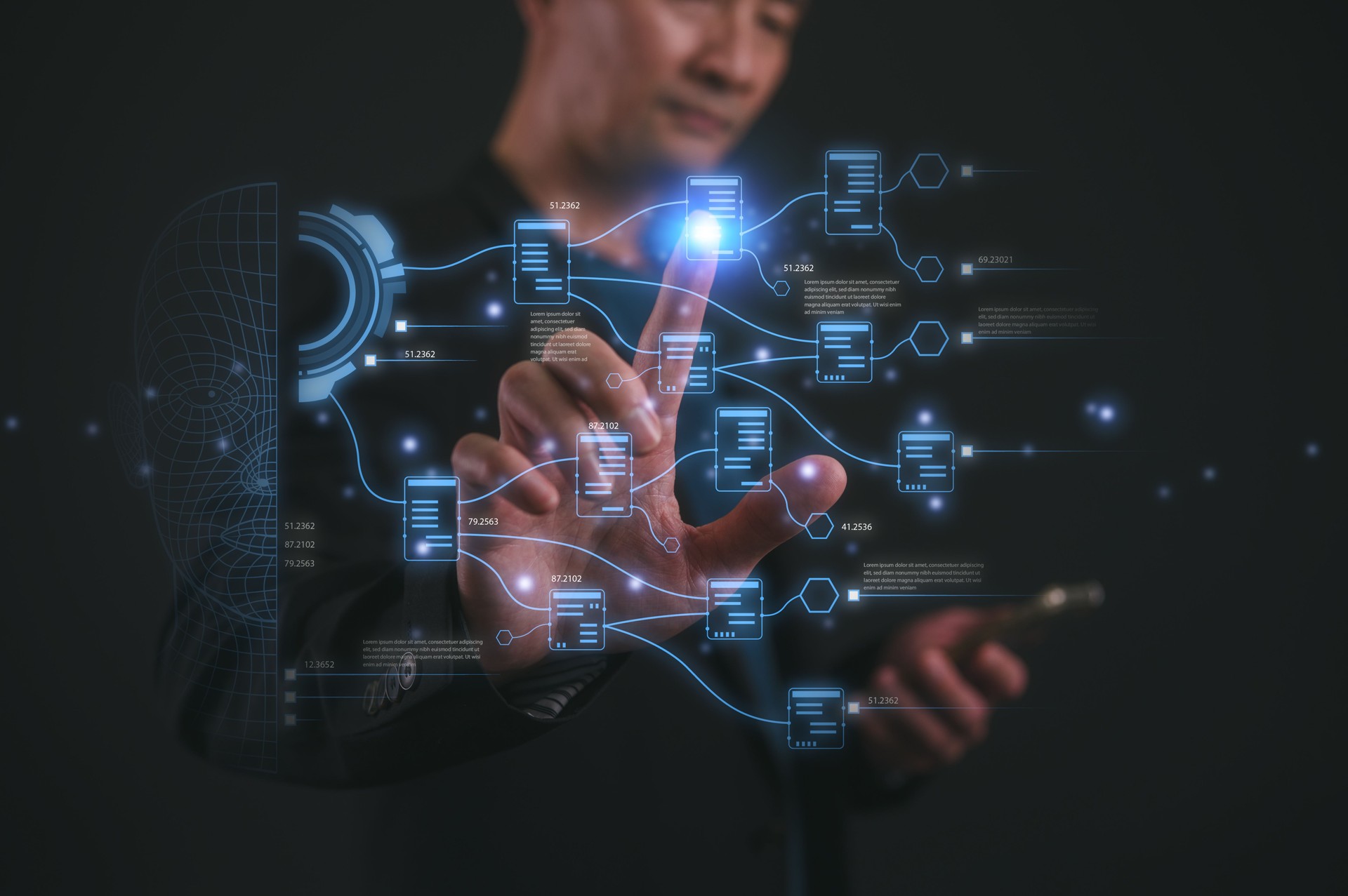 Businessman pointing at diagram Document Digital transformation technology, IoT, internet of things. transformation of ideas adoption of technology in business enhancing global capabilities. Ai