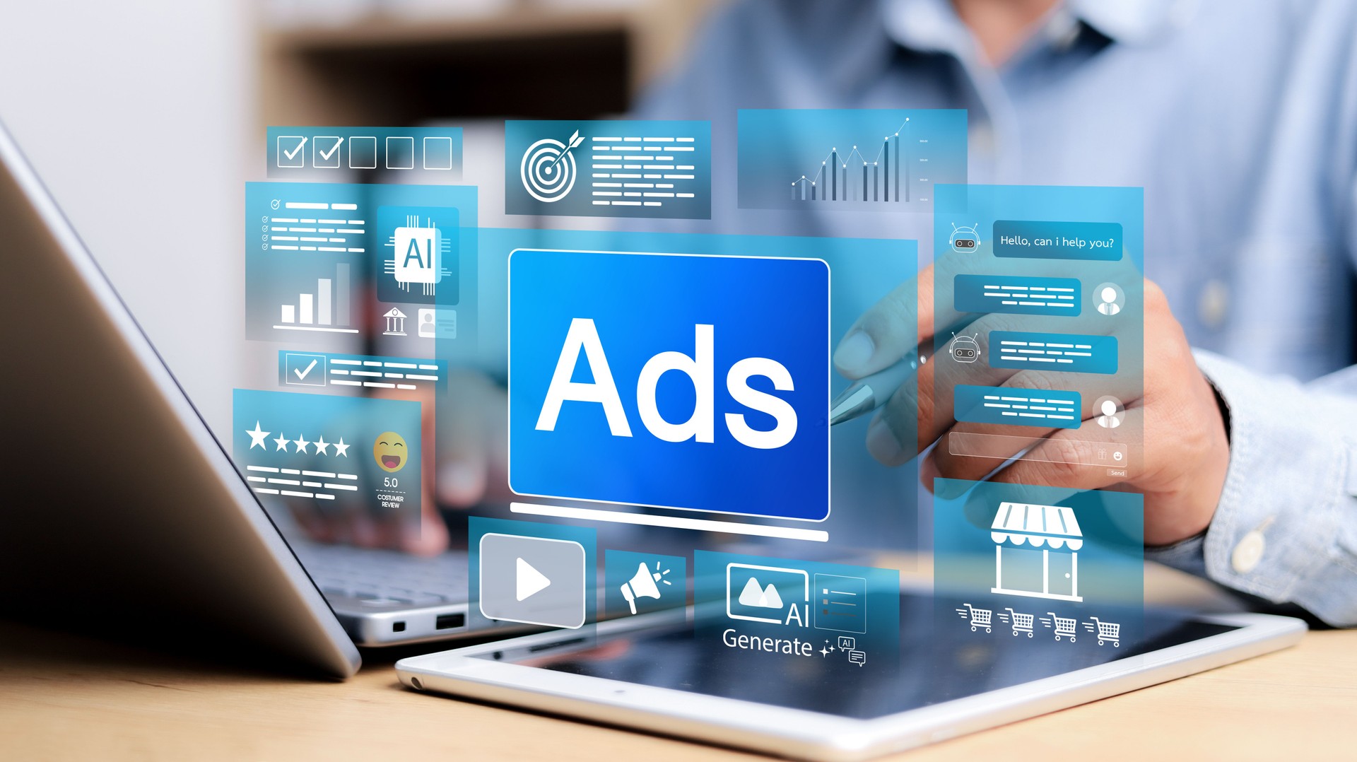 Digital advertising interface on laptop with AI-generated content, analytics charts, chatbot, and customer reviews. Concept of online marketing automation and targeting.