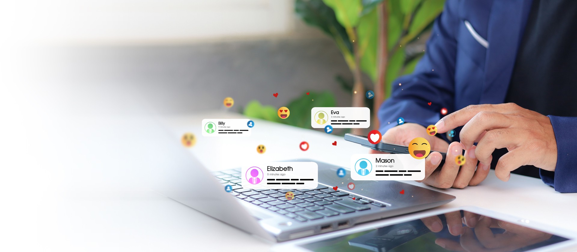 Social media and digital online concept, man using smart phone with Social media. online marketing, technology, chat, post, like, follow at phone screen.