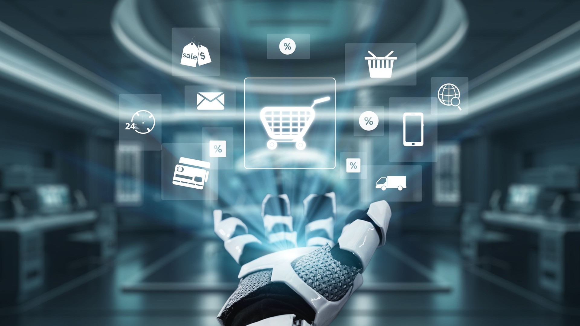 Futuristic Robot Hand Interacting with E-Commerce Icons and Data in a High-Tech Retail Environment. Auvana