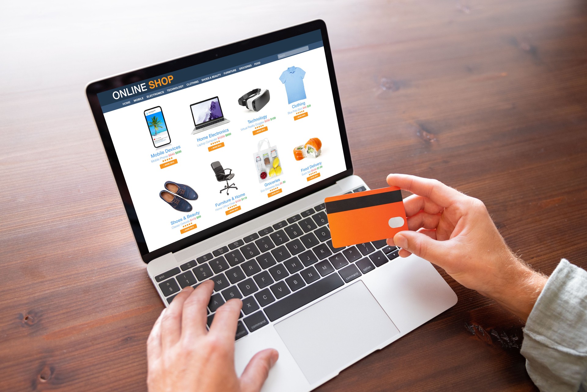 Man shopping at online store on laptop computer