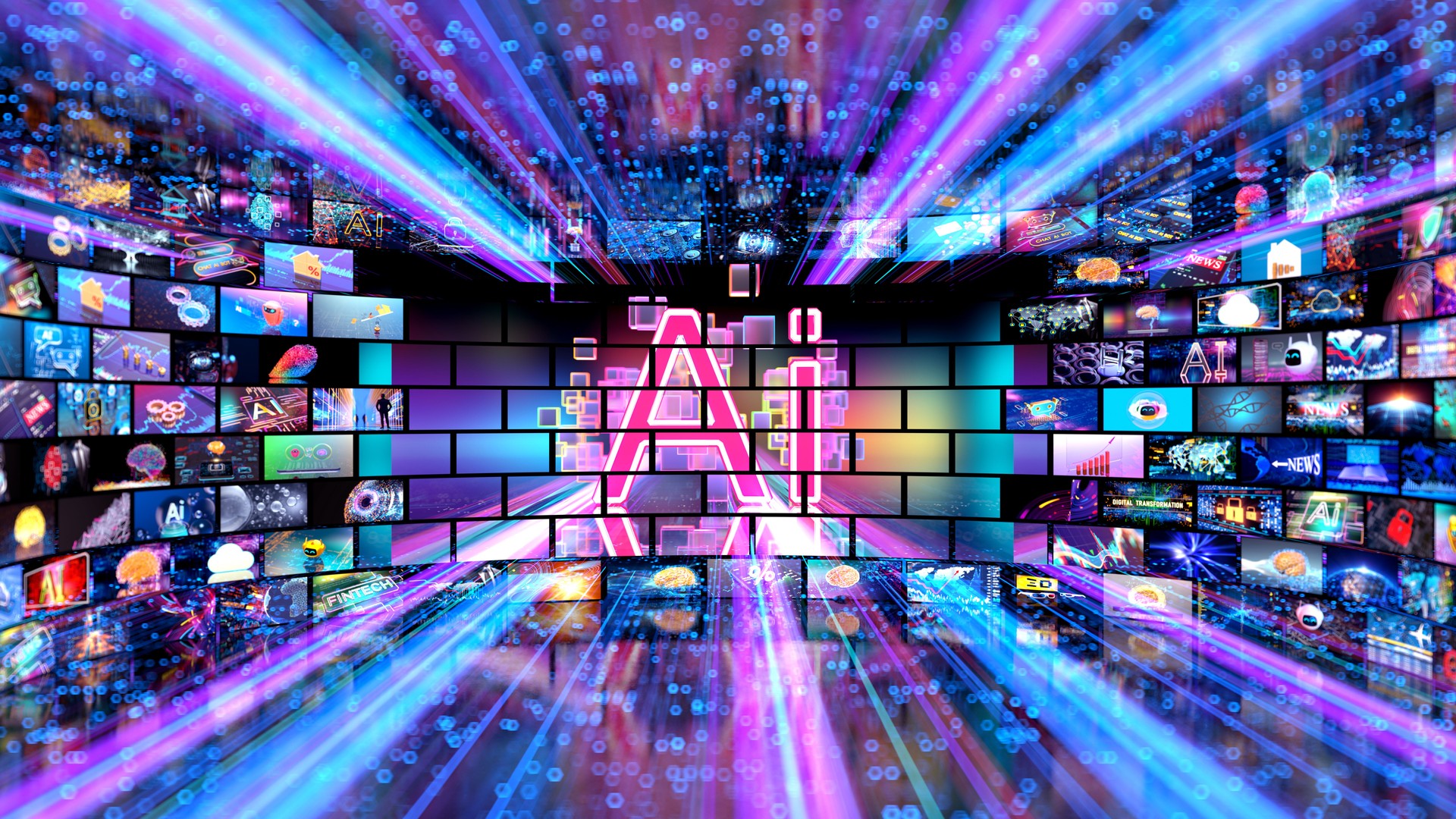 AI Artificial Intelligence concept. Media concept TV  -  video wall with small screens. . Digital multiple television screens.