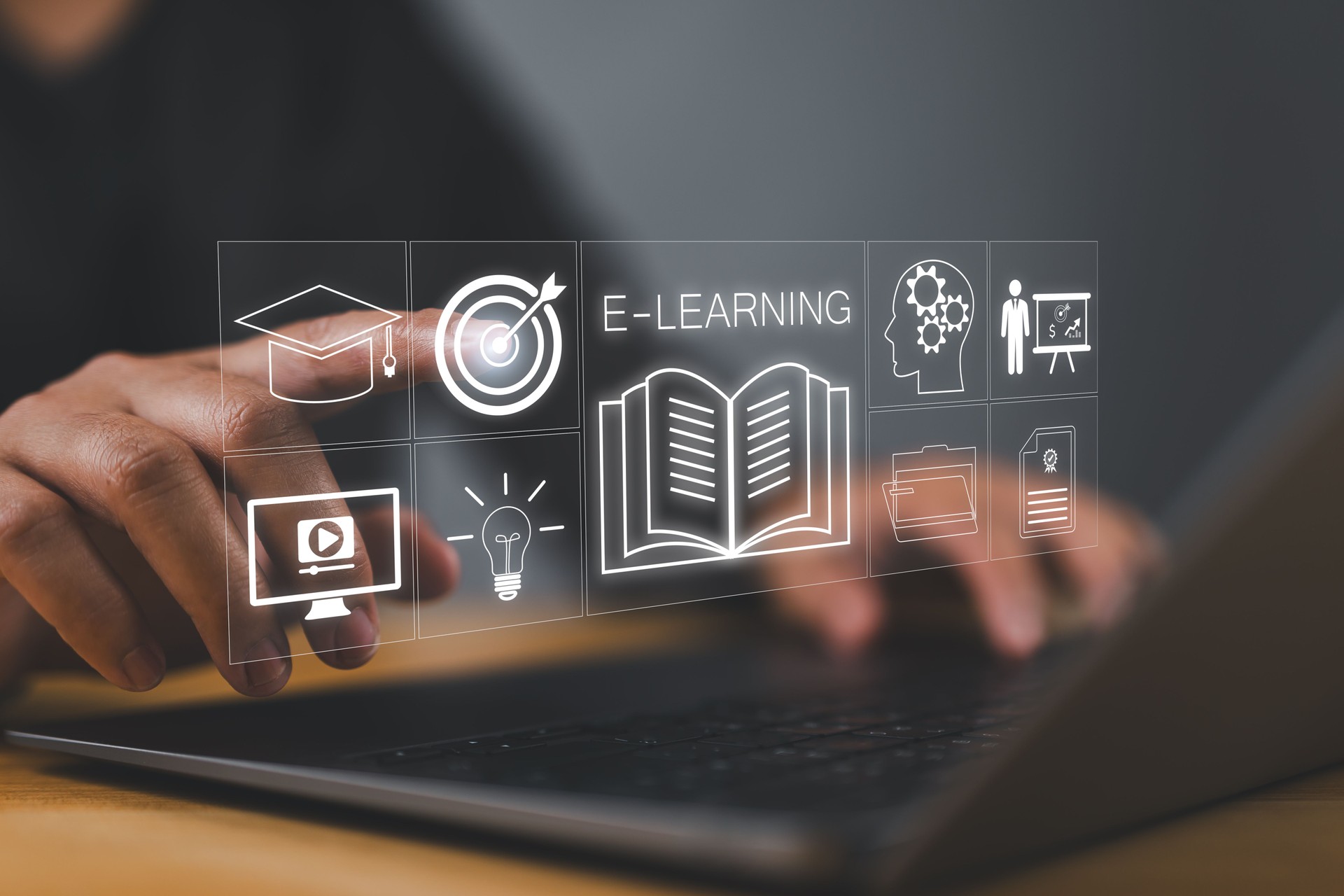 e-learning on a laptop. learning icon, library on the internet website. concept of lesson learning e-book training digital online. course education in webinar technology
